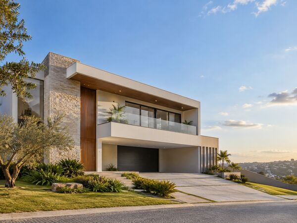 Fachada de casa contemporânea em condomínio, sob céu claro