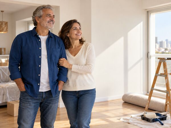 Casal observando com satisfação uma sala em reforma leve, recém-pintada