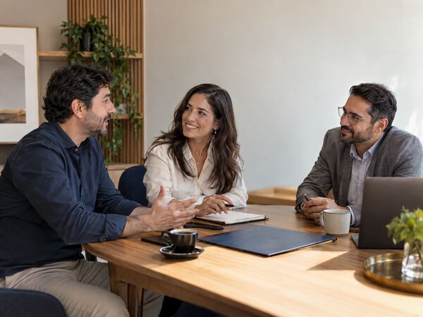 Três profissionais conversando ao redor de uma mesa em escritório claro