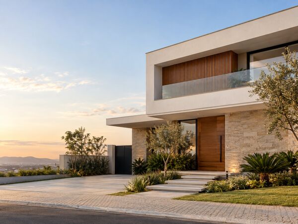 Fachada de casa contemporânea em tons neutros ao entardecer